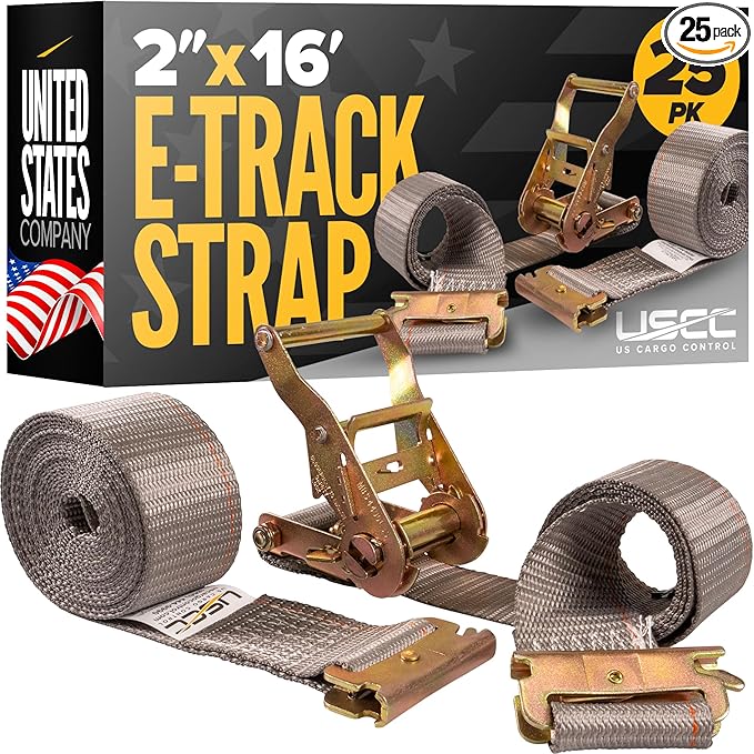 US Cargo Control E Track Straps 2" x 16' (25-Pack), 4,400 LBS Break Strength, Gray Heavy Duty E Track Ratchet Straps with 4' Fixed End and Spring E-Fittings, Logistic Tiedowns for Box Trucks, Vans