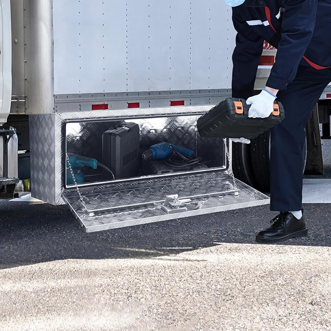 VEVOR Underbody Truck Box, 36"×17"×18" Pickup Storage Box, Heavy Duty Aluminum Diamond Plate Tool Box with Lock and Keys, Waterproof Trailer Storage Box with T-Handle Latch for Truck, Van, Trailer