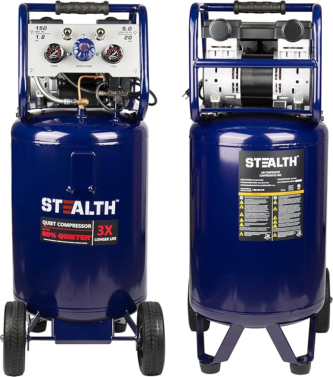 Stealth 20 Gallon Ultra Quiet Air Compressor,1.8 HP Oil-Free Peak 150 PSI 68 Decibel, 5.5 CFM @ 40 PSI 5 CFM @ 90 PSI Silent Long Life Electric Air Compressor W/Wheel for Garage