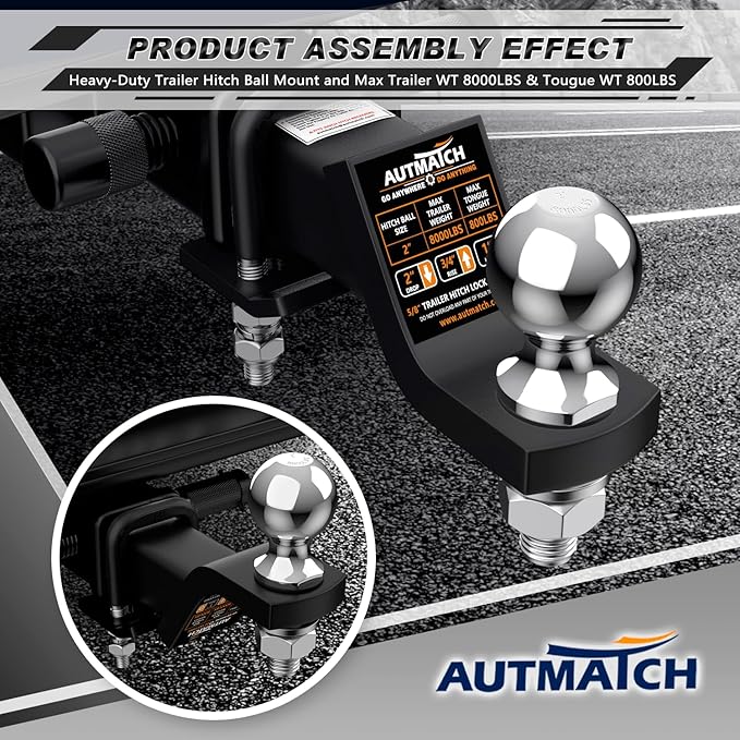 AUTMATCH Trailer Hitch Ball Mount with 2 Inch Hitch Ball - Fits 2" Receiver with Hitch Tightener, 8000Lbs Capacity Ball Hitch, 2-Inch Drop with 5/8" Hitch Lock Pin, Matte Black