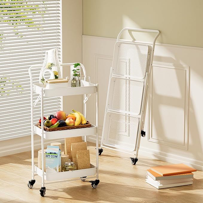 JAQ Foldable Rolling Cart, 3-Tier No Assembly Metal Utility Cart with Handle, Heavy Duty Folding Storage Trolley Organizer on Wheels for Kitchen, Office, Craft Art, Baby Diaper, Snacks, Books, White