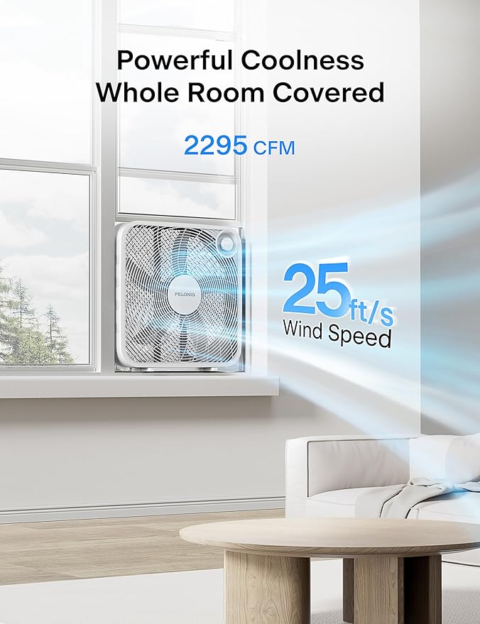 PELONIS 20 Inch Box Fan – 3 Speeds, Window Fans, Floor or Tabletop, 25ft/s, 2025 Upgraded, Superior Air Throw (2295 CFM), Lightweight, 5 Blades, Fans for Bedroom, Office, Living Room, Garage