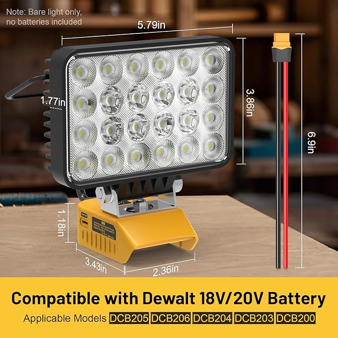 7200LM LED Work Light Compatible with Dewalt 20V Battery, 72W Cordless Floodlight with 2 USB, 1 Type-C Port, Upgraded LED Light Low Voltage Protection for Camping, Workshop, Emergency Adjustable 140°