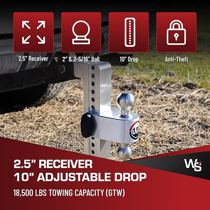 Weigh Safe Adjustable Trailer Hitch Ball Mount - 10" Adjustable Drop Hitch for 2.5" Receiver - Premium Heavy Duty Aluminum Trailer Tow Hitch w/ Chrome Plated Tow Balls (2" & 2 5/16") - 18,500 lbs GTW
