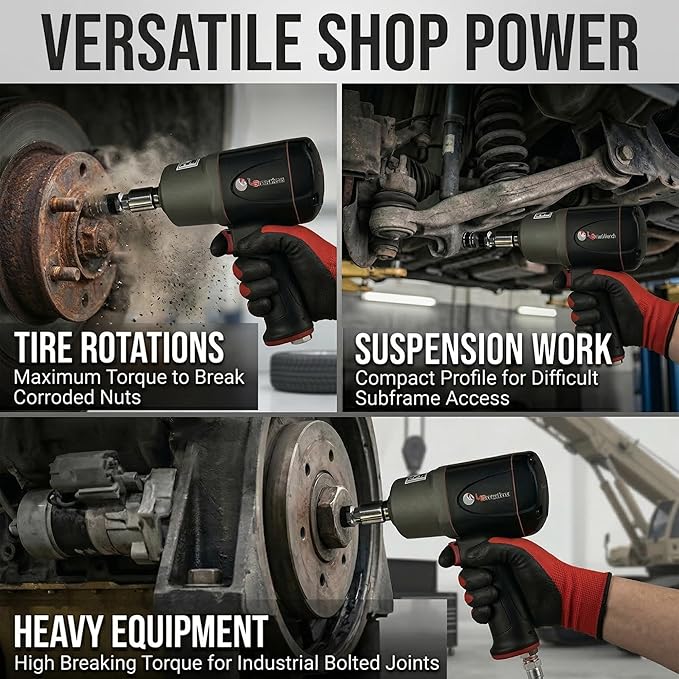 LE LEMATEC 1/2" Impact Wrench - High Torque 1000 ft-lbs, Twin Hammer Pneumatic Impact Gun, Lightweight Aluminum Housing, 8500 RPM for Auto Repair & Tire Shops - LE-IWT-R102