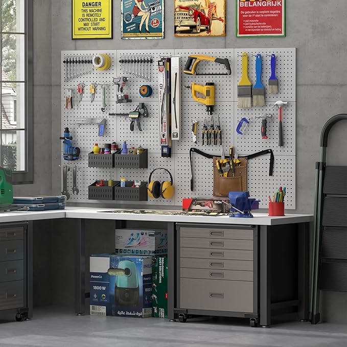 IRONFFICE Pegboard,Metal PegBoard Panels,Steel Wall Pegboard with 8 Pieces Hooks,Metal Peg Board Wall Organizer for Office,Crafts Organization, Ornaments Display,Grey