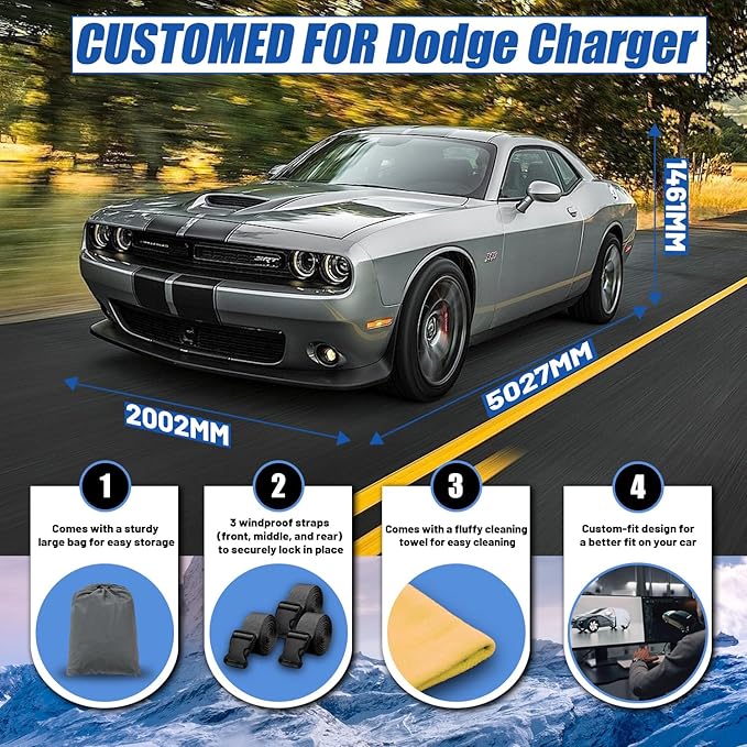 Car Cover Custom Fit for Dodge Charger (2006-2025), Dodge Challenger (2008-2025) Waterproof All Weather for Automobiles Full Exterior Cover Rain Sun Snow UV Protector.