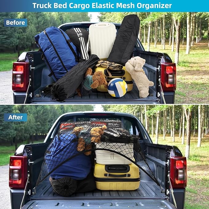Highly Elastic Truck Bed Cargo Net, 4' x 4' Stretches to 7'x7', Black Polyester Mesh with Snap Hooks, 6 Clips