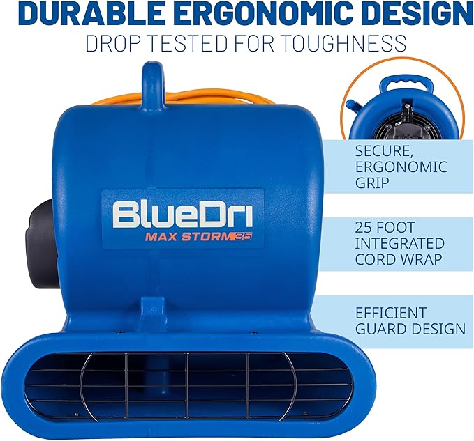 BlueDri Max Storm 35 1/3 HP 2900 CFM Air Mover Blower Floor Fan for Industrial Water Damage Flood Restoration Carpet and Floor Drying Blower Fan, Blue, BD-MS35