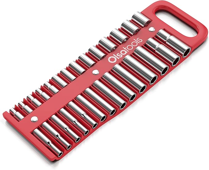 Olsa Tools Magnetic Portable Socket Organizer Tray - 3/8-Inch Drive - Red Holder for Deep & Shallow Sockets - Fits up to 1" SAE or 24mm Metric - Quality Tool Organizer for Professionals - Part 1076