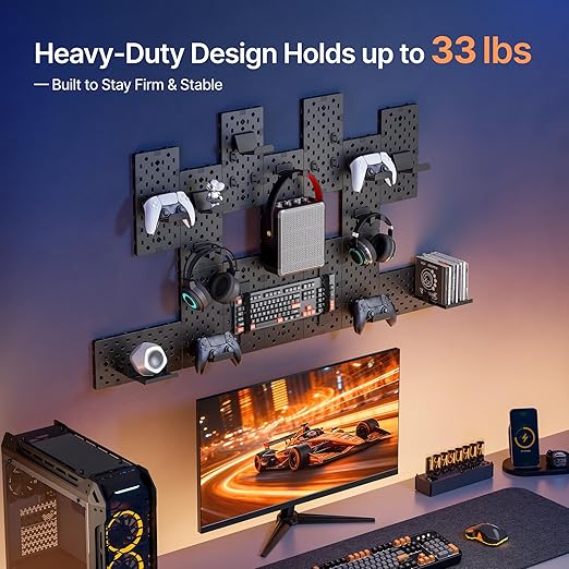 PEGZONE Controller and Headphone Holder Wall Mount, Modular Gaming Pegboard with Accessories, Controller Stand for Xbox PS5 PS4 Switch, Video Game Storage, Disc Shelf Organizer, 14pcs Pegboard, Black