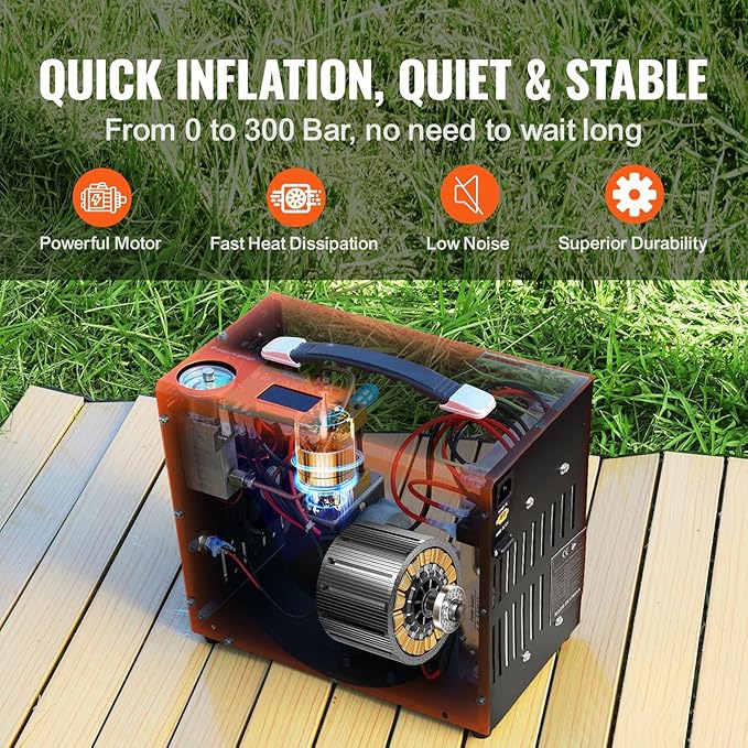 PCP Air Compressor, Auto-Stop,Built-in Oil-Water Separator Esiccant, Powered by Car 12V DC or Home 110V AC,4500Psi/30Mpa/300Bar with Cooling Fan System,Paintball Air Compressor Pump