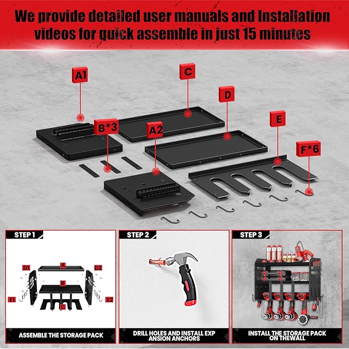 Hipidian Power Tool Organizer Wall Mount: Heavy Duty Storage Organization Stand Cordless -3 Layers Large Garage Organizer with Drill Holder -Metal Steel Utility Rack Hooks Screwdriver -Gifts for Man