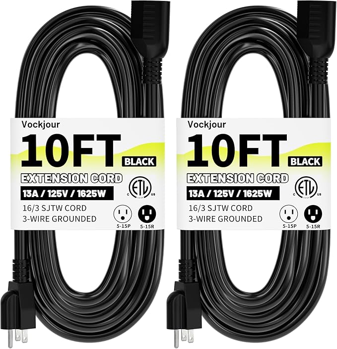 16/3 Black Indoor Outdoor Extension Cord 10 Ft 2 Pack Waterproof, Extension Cord with 3 Prong Grounded Plug,13A 1625W 16AWG SJTW, Flexible Weatherproof Power Cable