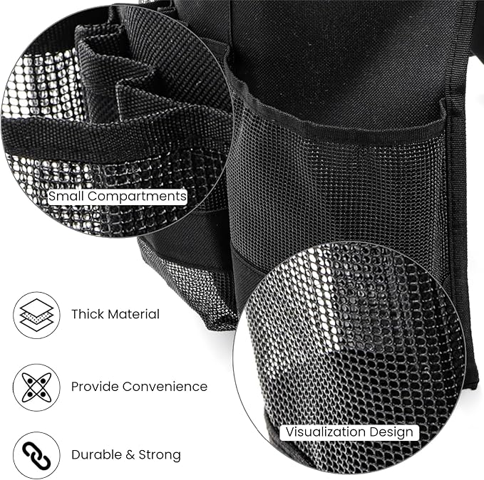 5 Gallon Bucket Tool Organizer, Adjustable Bucket Storage Bag with Mesh Compartments, Durable Black Garden Tool Caddy Swivel Seat Pouch for Ice Fishing, Car Cleaning, Hiking