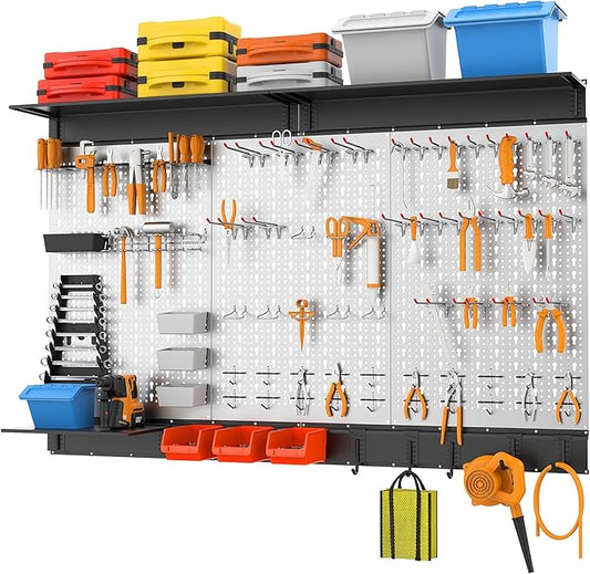 WALMANN 113 PCS Pegboard Wall Tool Organizer Kit with Pegboard Hooks, Bins, Pegboard Tools Storage System for Garage, Modular Peg Board, Tools Organizer Board with Hooks(Grey)