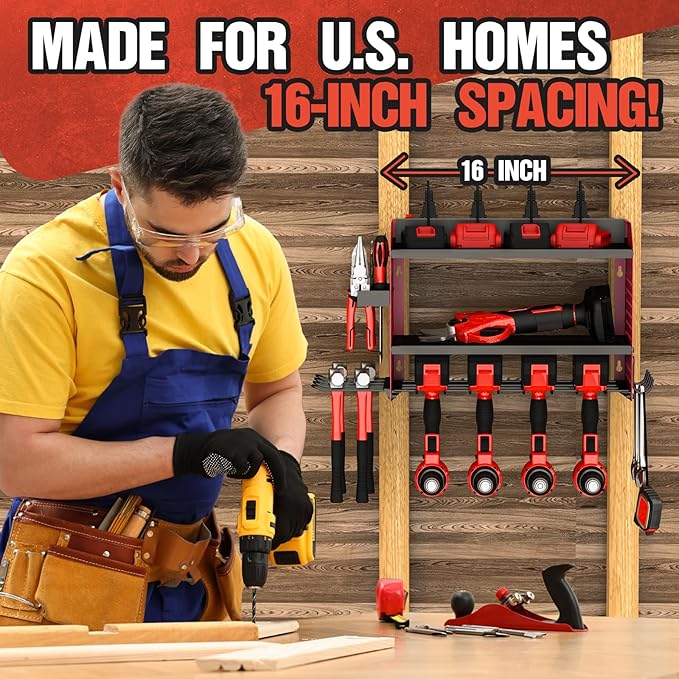 Power Tool Organizer with Charging Station, Heavy Duty Modular Wall Mount Rack for Garage & Shed Organization, 4 Drill Holders, Fathers Day Anniversary Birthday Gifts for Men Dad Him Husband(Red)
