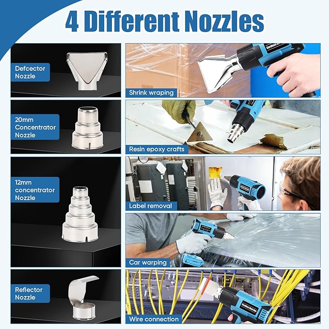 【380W・1022°F & 572°F】Cordless Heat Gun Compatible with Makita 18V Battery, Portable Hot Air Gun Fast Heating Dual Temp with LED Light 4 Nozzles for Shrink Tubing, Resin & Vinyl Wrap (No Battery)