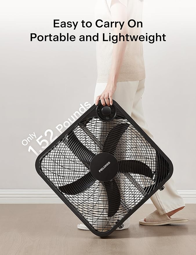 PELONIS 20 Inch Box Fan for Bedroom– 3 Speeds, 25ft/s, Floor Fan, Window Fan, Table Fan, Desktop Fan with Superior Air Throw (2295 CFM), Lightweight, 5 Blades, suitable for Office, Living Room, Garage