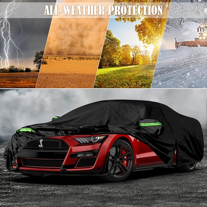 Waterproof Car Cover Replace for 2005-2025 Ford Mustang, 6 Layers All Weather Custom-Fit Mustang Full Car Covers with Zipper Door for Snow Rain Dust Hail Protection