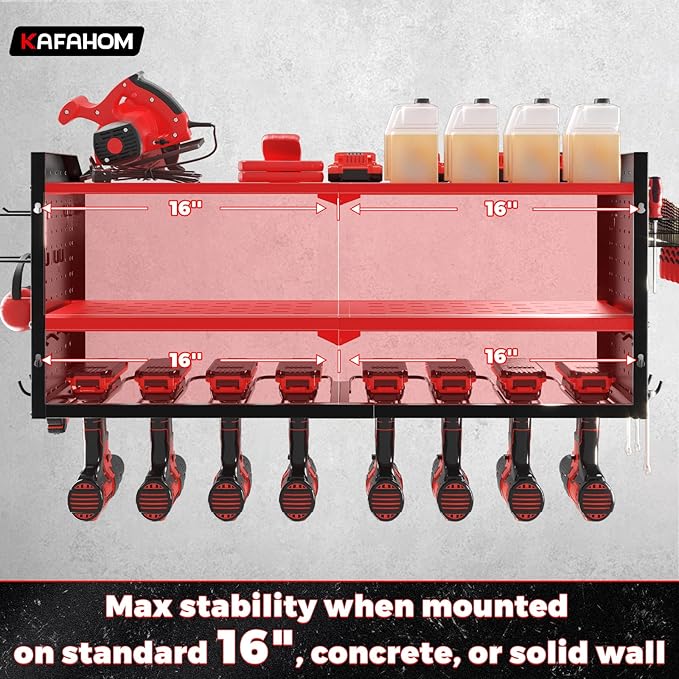 KAFAHOM Power Tool Organizer with Charging Station, Built in 8 Outlet Power Strip, Large 8 Drill Holder Wall Mount, Heavy Duty Metal Power Tool Storage Rack Tool Shelf for Garage Organization Red