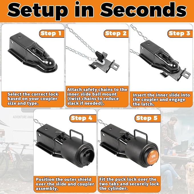 Trailer Lock Fits 2-5/16" Couplers, Heavy Duty Trailer Tongue Lock, Anti-Theft, Anti-Smashing, Secures Safety Chains, Steel Tow Hitch Lock with Handle for RV, Cargo, Camper, Dump Trailer