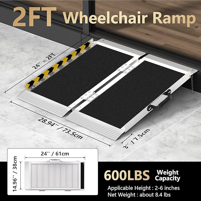 2FT Portable Wheelchair Ramp, Aluminum Wheelchair Ramps with Handle, Anti-Slip Folding Wheel Chair Ramp for Home Steps, Stairs, Entry, Threshold, Doorways, Scooter, 600LBS Capacity