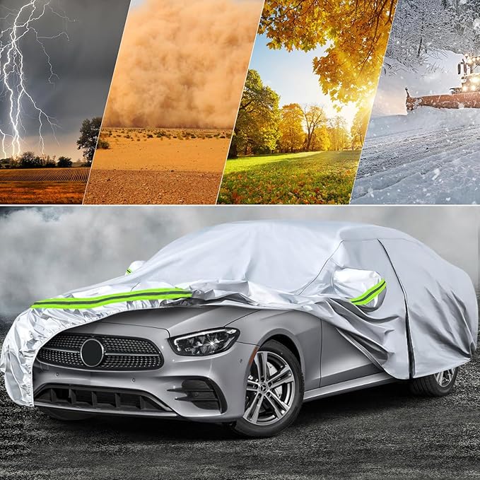 Waterproof Car Covers Replace for 2006-2025 Mercedes Benz E-Class E300 E350 E400 E450, 6 Layers Silver All Weather Car Cover with Zipper Door & Windproof Bands for Snow Rain Dust Protection