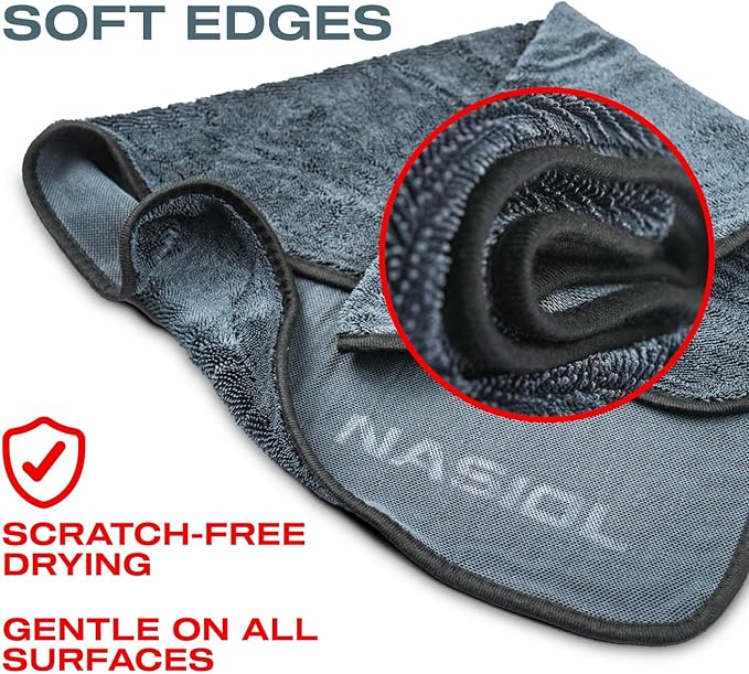 Nasiol Twist Car Drying Towel, Highly Absorbent Quick Dry, Soft Banded Edges - Scratch Free - Double Sided - Safe for Car Paint Microfiber Evo Detailing Towel (35 x 23 inch)