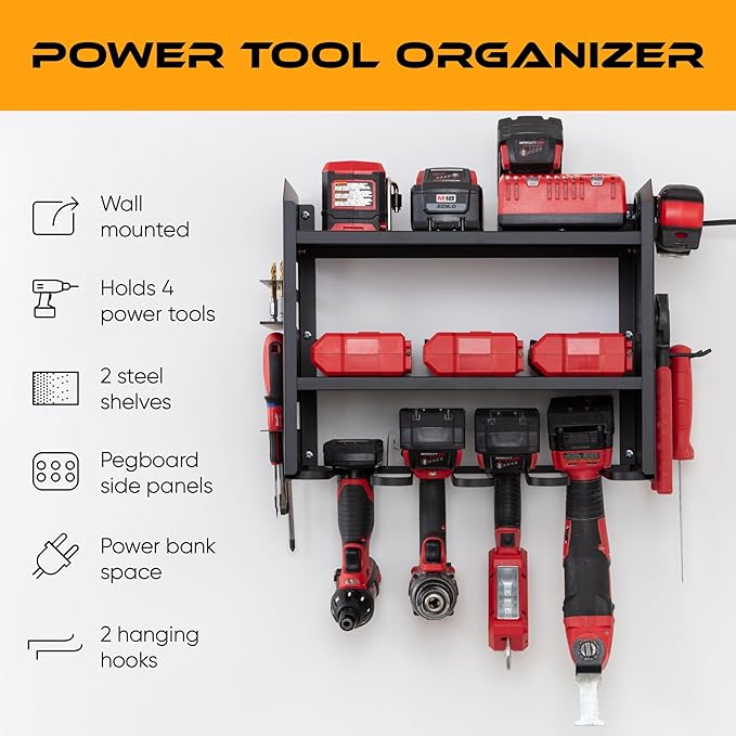 Power Tool Organizer Wall Mount, 4 Layer Heavy Duty Metal Tool Storage Rack with 4 Drill Holders, Pegboard Side Panels & Hooks, Garage Tool Organizer Wall Mount for Cordless Tools, Workshop, Shed