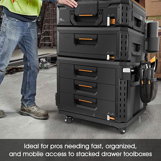 Heavy Duty Tool Box Dolly Fit for ToughBuilt StackTech Toolboxes,Carbon Steel Cart Base Rolling Platform with 4 Locking Wheels, Mobile Tool Storage Base for Garage & Jobsite