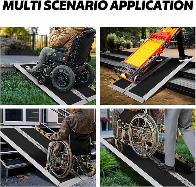 FAHKNS Portable Wheelchair Ramp 4FT, Aluminum Folding Wheelchair Ramp, Non-Slip Handicap Ramps for Home Outside Steps, Threshold Wheel Chair Ramps for Doorways, Porch, Cart, Stairs, Curbs, Scooter