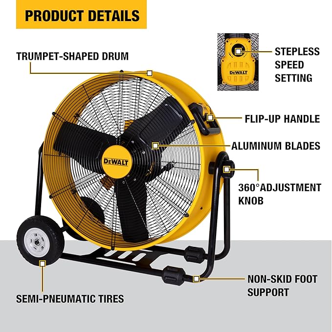 DEWALT DXF2490 High Velocity Fan, Floor Fans, 24 Inch Large Electric Metal Rotating Industrial Fan with 360° Adjustable Tilt & Large Wheel, Drum Fans for Outdoor and Warehouse, Yellow