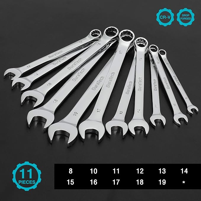 DURATECH Combination Wrench Set, Metric, 11-Piece, 8, 10, 11, 12, 13, 14, 15, 16, 17, 18, 19mm, 12-Point, CR-V Steel, Organized in Wrench Holder