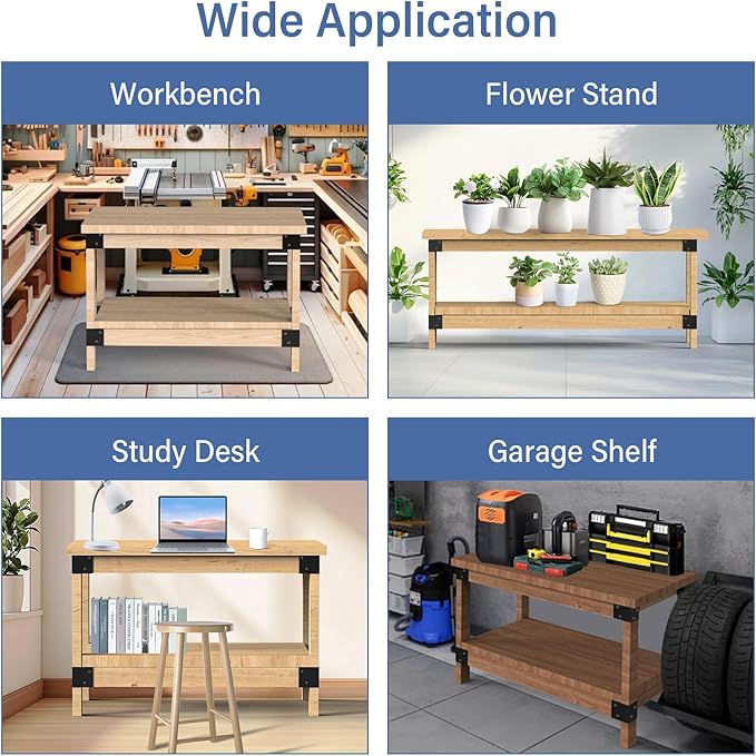 2' x 4' Basics Workbench Kit, 4 PCS Heavy Duty 3-Way Brackets for Garage Workbench Legs Brackets, Metal DIY Work Bench Kit Suitable for Shelving, Work Table, Lumber Not Included