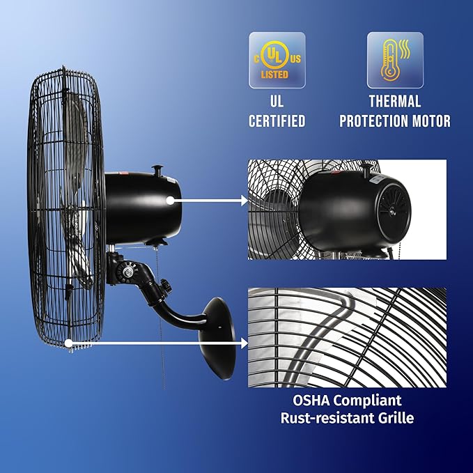 Tornado 20 Inch Pro Series High Velocity Oscillating Wall Mount Fan For Industrial, Commercial, Residential Use 3 Speed 5250 CFM UL Safety Listed