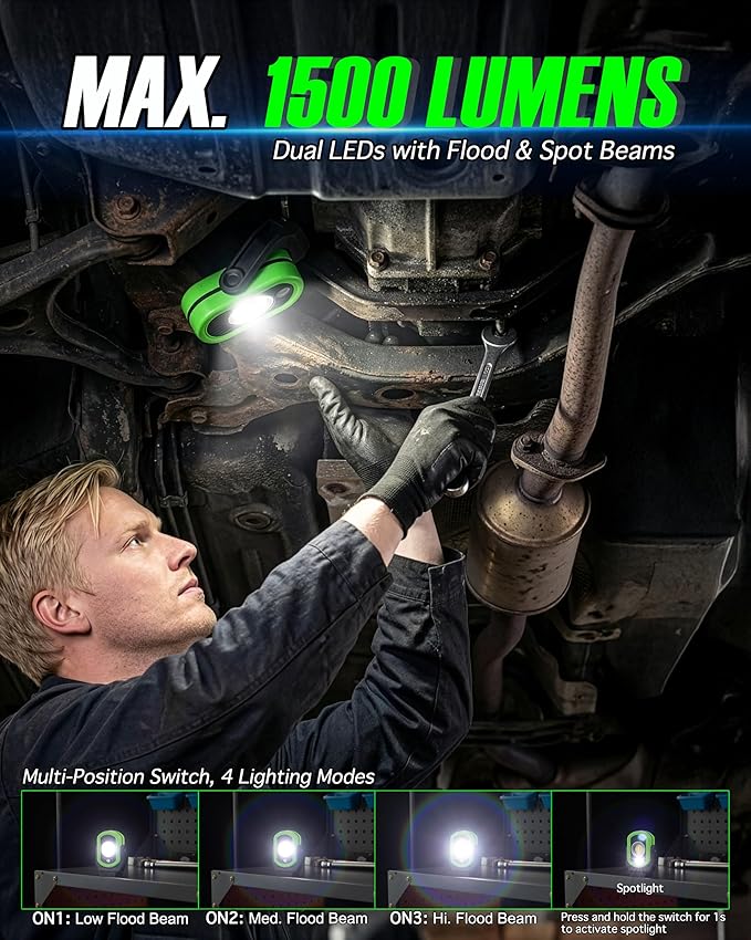 Magnetic Work Light, 1500 Lumens – Dual LED Mechanic Light, 5200mAh Rechargeable, 4 Modes, Strong Magnetic Base, Portable Shop Light for Auto Repair, Inspection & Jobsites (Green)