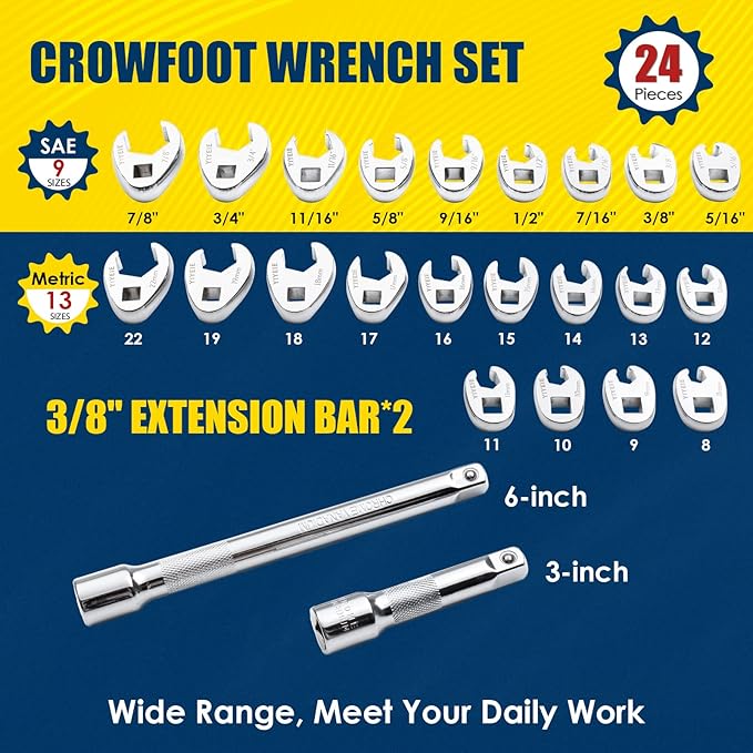 3/8" Drive Crows Foot Wrench Set, 24PCS Flare Nut Crowfoot Wrench Set, Metric & SAE, 8-22mm & 5/16"-7/8", CR-V Steel, Crows Feet Wrench Set with 2 Extension Bars, Line Wrench Set with EVA Foam