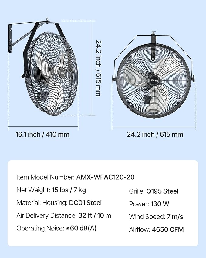 VEVOR 20 Inch Industrial Wall Mount Fan, High Velocity 4650 CFM with 3 Speeds, Powerful Motor with Aluminum Blades for Workshop, Warehouse, Greenhouse, Commercial