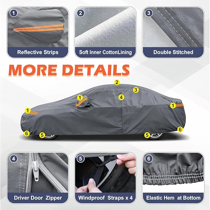 Coverlex Car Cover for Compact Sedans, 6 Layers Full Exterior Covers Universal Fit for VW Jetta, Nissan Sentra, Hyundai Elantra, Toyota Corolla, Honda Civic, Fit Length 175-185 inchs