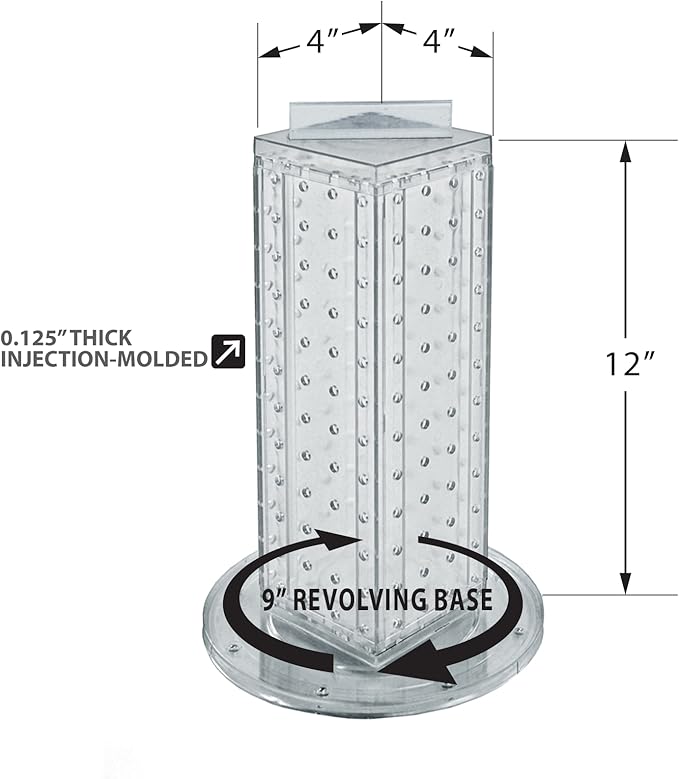Azar Displays 700220-CLR-2C16 Four-Sided 4”W x 12” Revolving Pegboard Tower Kit Counter Display with 16-Pack of 2 inch Locking Hooks, Clear