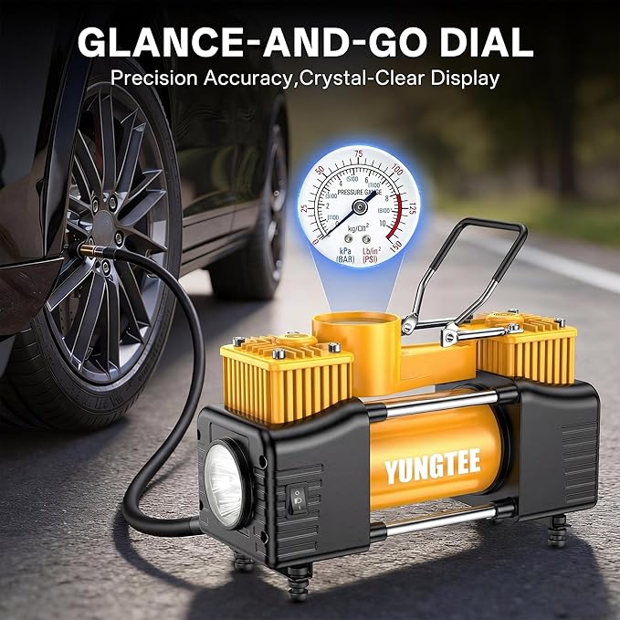 YUNGTEE Yellow Tire Inflator Heavy Duty Double Cylinders Direct Drive Inflation Pump,12V Portable Air Compressor Pump with Emergency LED Light - 150PSI Tire Pump,Apply to Car,Suv,RV
