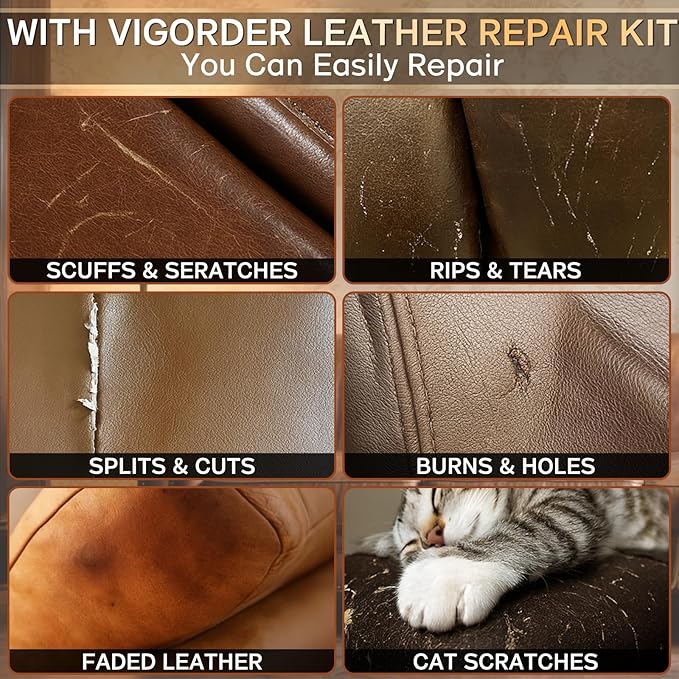 Brown Leather Repair Kit for Furniture, Leather Couch Repair Kit for Furniture, Sofa, Jacket, Purse – Super Easy Instructions to Fix Scratches, Tears, Holes, and Peeling