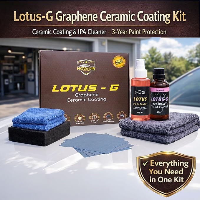 Lotus-G Graphene Ceramic Coating Kit –Ceramic Coating& IPA Cleaner 3-Year Paint Protection, 9H Hardness, High Gloss, UV Shield, Super Hydrophobic–Car Detailing Set with Towels & Pads