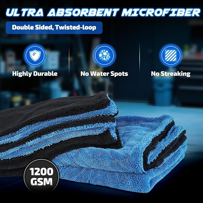 2-Pack 1200 GSM Car Drying Towels – Microfiber Towels for Cars (36" x 24"), Ultra-Absorbent, Streak-Free, Scratch-Free, No Water Spots, Double-Twist Pile & Edgeless Design(Blue)