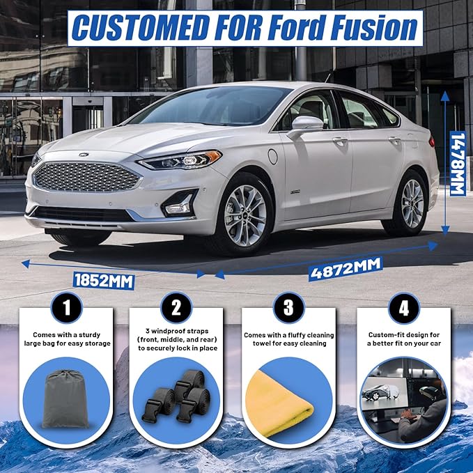Car Cover Custom Fit for Ford Fusion Sedan (2005-2025), Waterproof All Weather for Automobiles Full Exterior Cover Rain Sun Snow UV Protector.