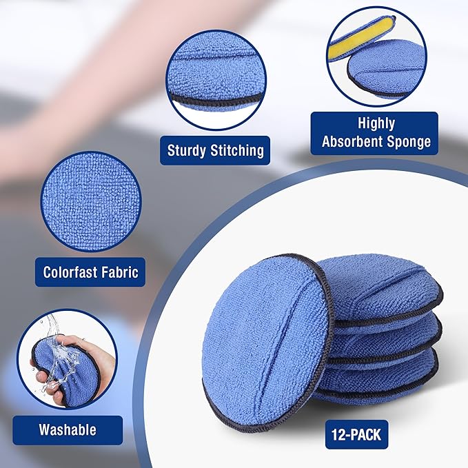 WORKPRO 12-Pack Car Wax Applicator Pads with Finger Pocket, Microfiber Soft Foam Polishing Pads for Car Detailing & Cleaning, Lint-Free, High Resilience
