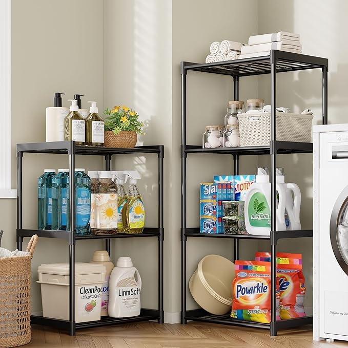 4-Tier Storage Shelves with Plastic Connectors – Metal Shelf Organizer for Pantry, Closet & Bathroom, Space-Saving Sturdy Shelving Unit Rack, Black, 17.3" x 12.8" x 42.9"
