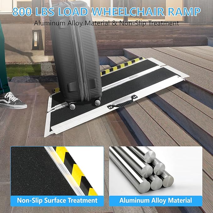 4FT Portable Wheelchair Ramp, Non-Slip Aluminum Folding Handicap Ramp, 800 LBS Capacity Door Threshold Ramps for Home Steps, Scooter Ramps for Car, Doorways, Curbs, Stairs, Cart, Wheel Chair Ramp Step