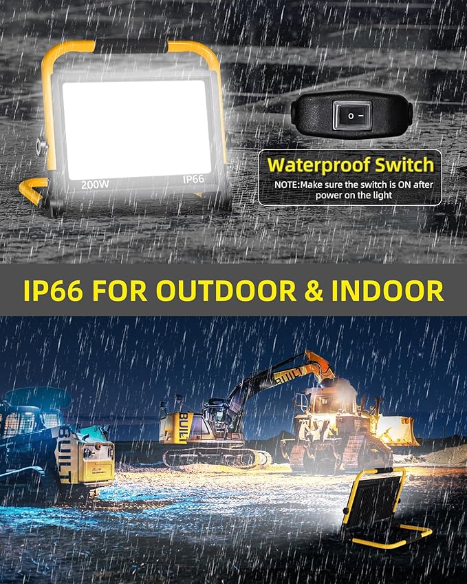 24000LM LED Work Light, 200W Ultra Brighter Flood Light with 16FT Cord Switch, Portable Worklight with Stand, 5000K IP66 Waterproof Outdoor Construction Lighting for Job Site Camping Workshop Garage